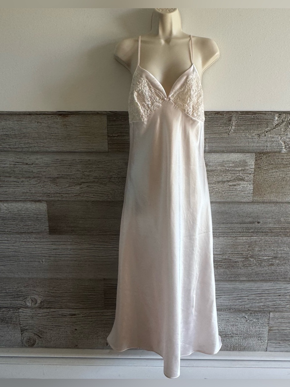 Vintage Blush Satin Lace Full Length Nightgown Maxi Slip Dress Bridal Med (B1)
